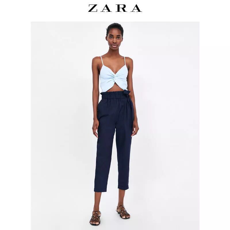 Zara paperbag pants NAVY BLUE, Women's 
