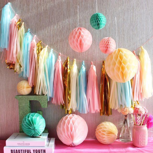 27pc Set Paper Honeycomb Ball Tassel Party Decor Set Pink Blue