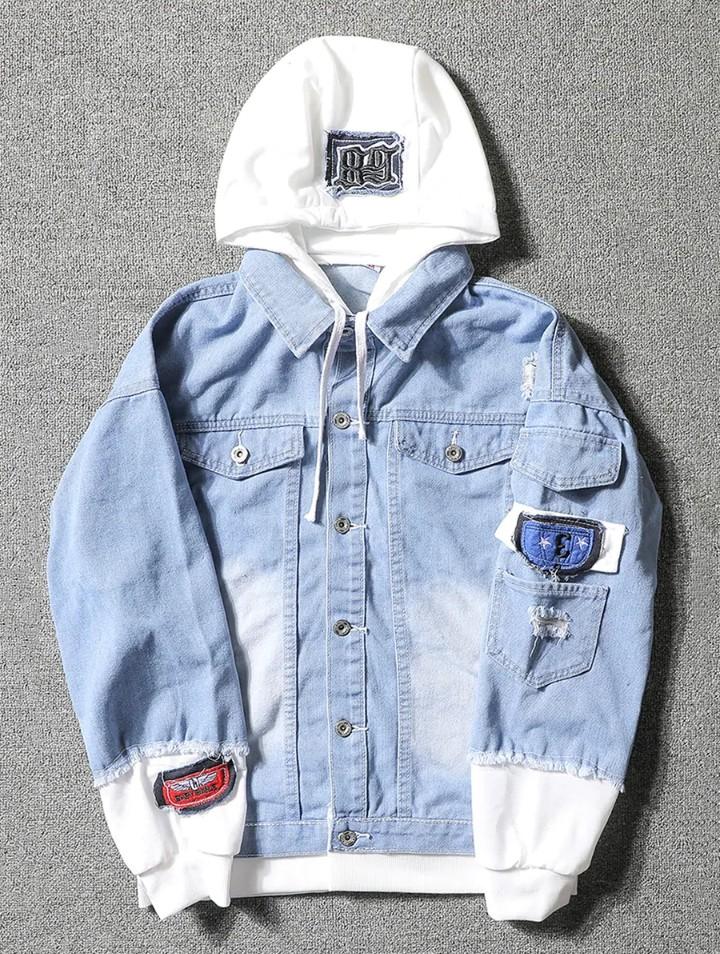 casual faux pocket ripped letter number applique hooded jacket