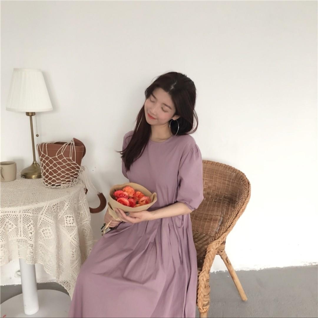 Korean linen bubble sleeve dress korea style brand new fashion uzzlang 2019 pleated dress back row