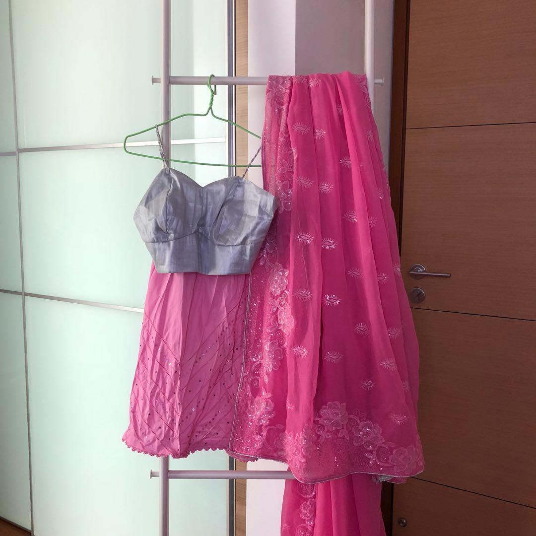 Pink Chiffon Saree Sari Punjabi Dress Traditional Sequinned