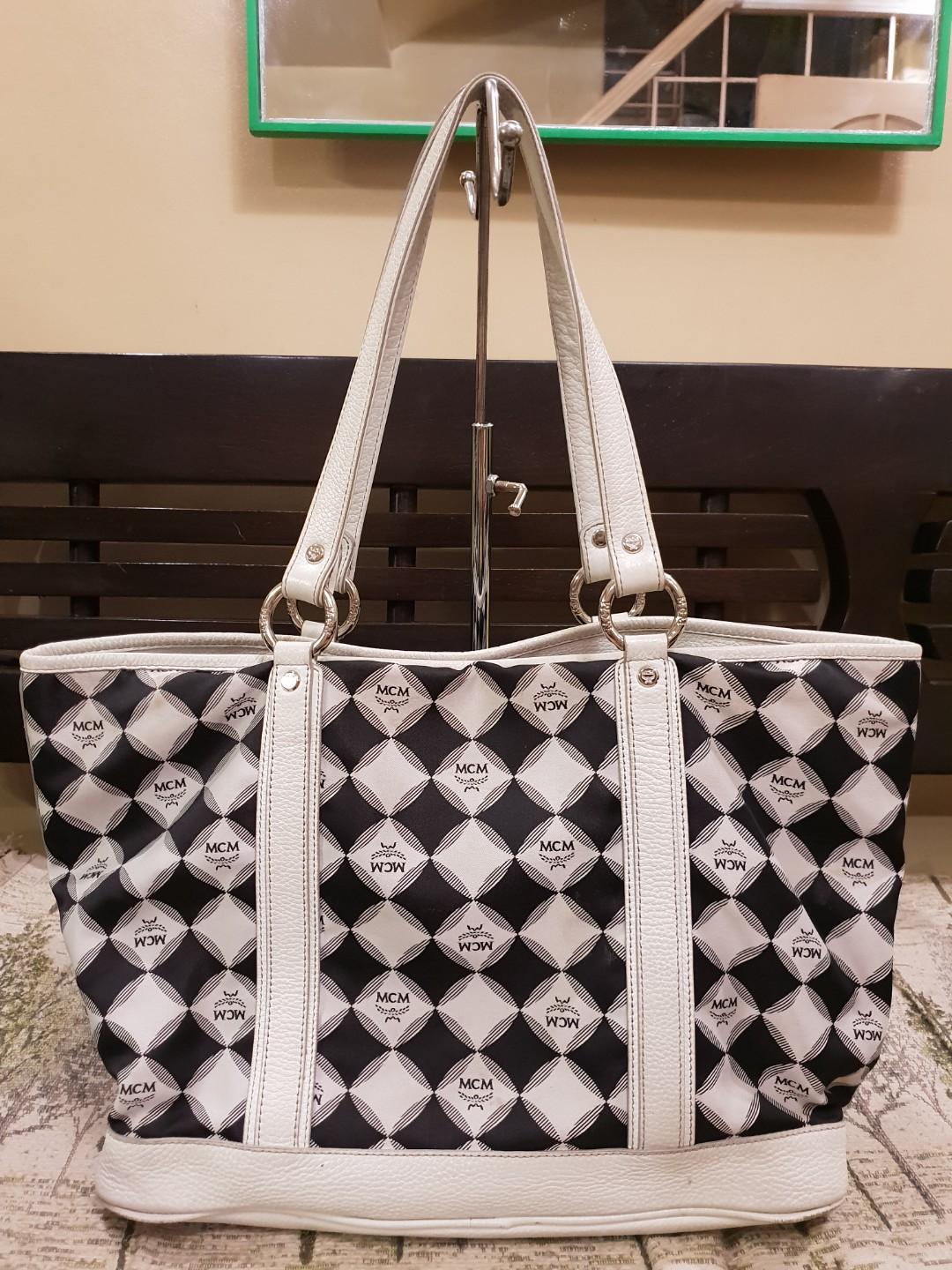 Mcm black and white tote deals