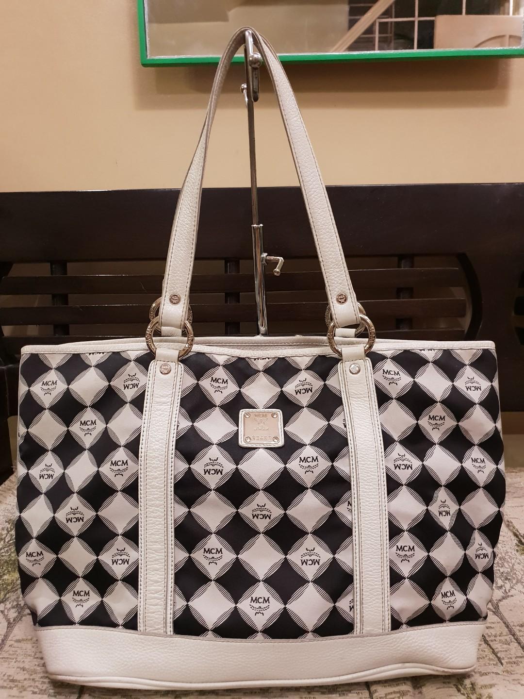 Black and white mcm tote bag discount