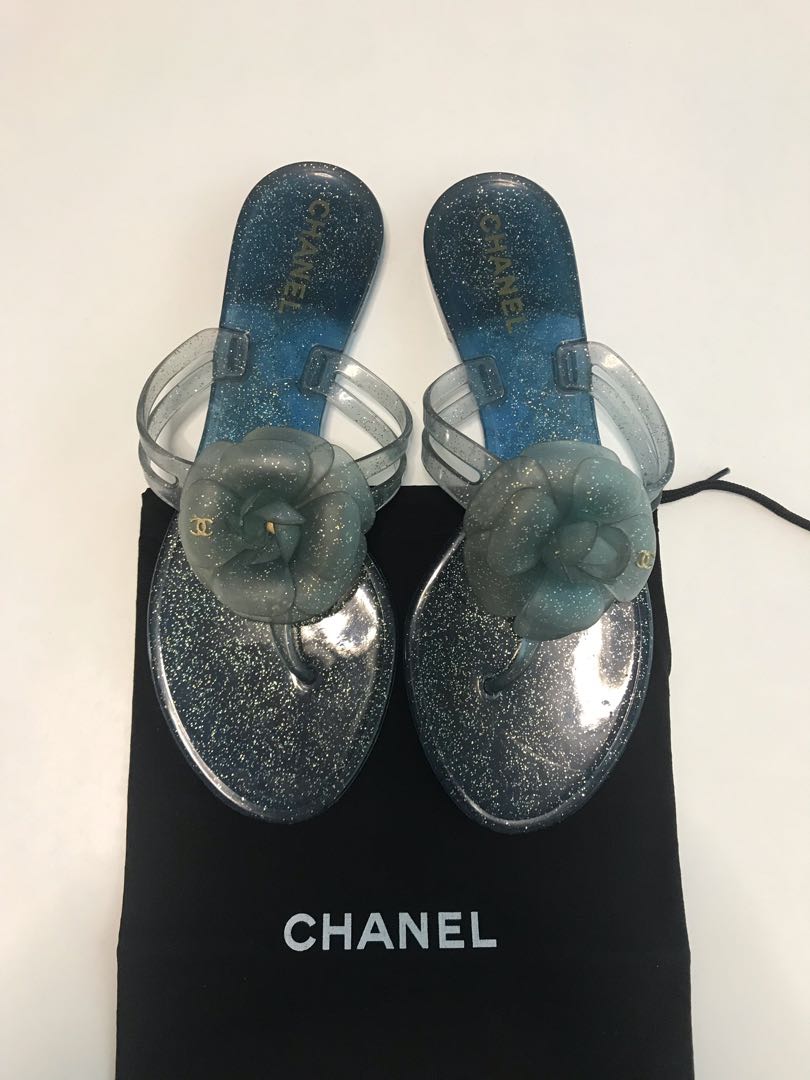 Chanel blue jelly slides cheap
