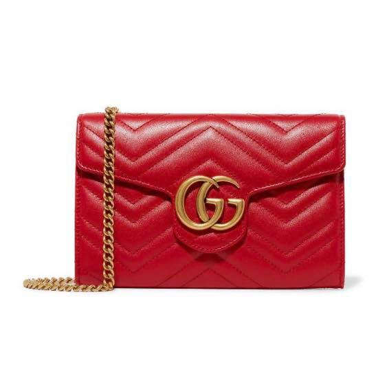 Gucci GG marmont quilted leather shoulder bag clutch 2 way use. red