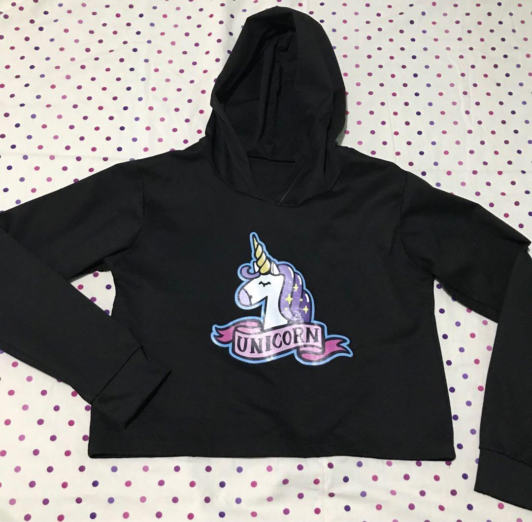 Black Crop Top Unicorn Hoodie Women S Fashion Clothes Outerwear