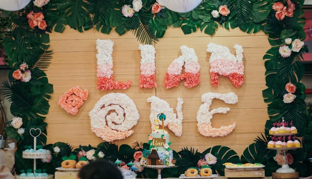 Hawaiian Luau Party Dessert Table Backdrop with Table Skirt and Ceiling