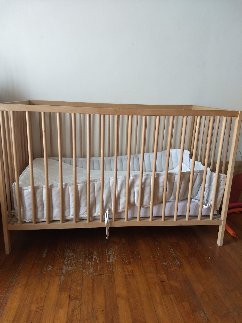 IKEA baby cot with bumper, mattress and mattress protector, Babies