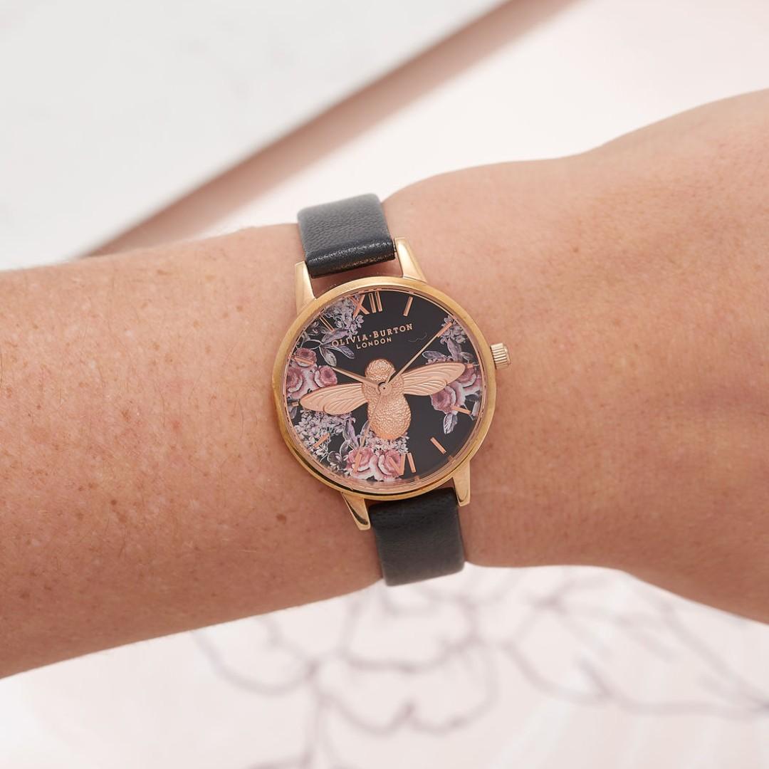 Olivia Burton Ob London Botanical 3d Bee Black Rose Gold Watch
