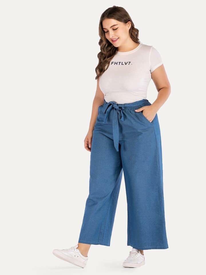 Terno denim square pants and white top Women s Fashion Bottoms
