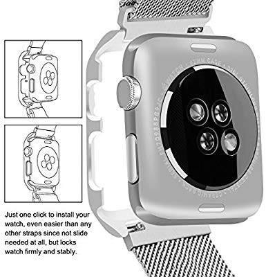 A153 Sunkong Apple Watch Band Milanese Loop Stainless Steel Magnetic Band with Metal Case for Apple Watch Series 1 2 3 Shockproof Protective Bumper Replacement Strap 38mm Silver Mobile Phones Gadgets
