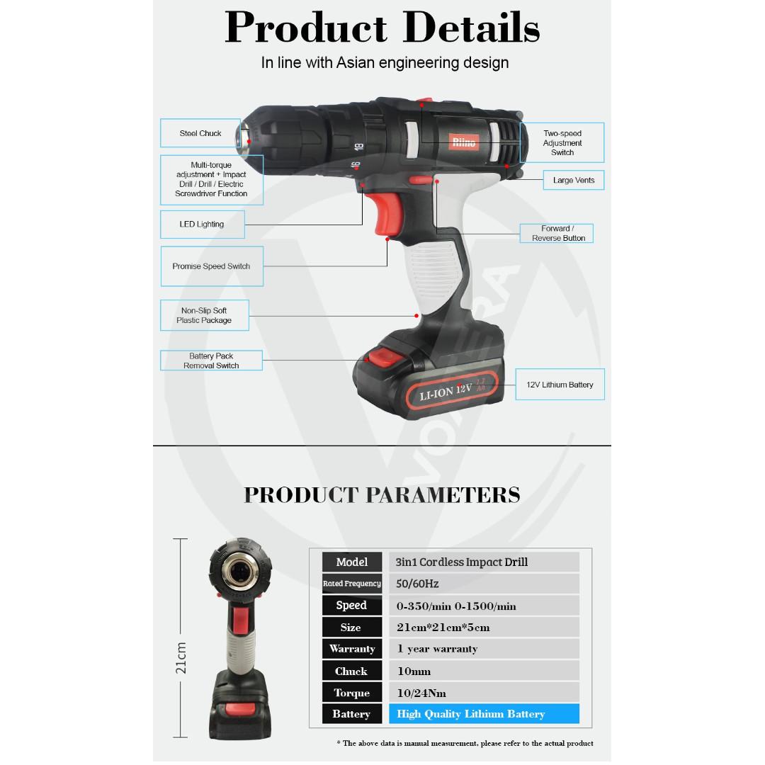 BRAND NEW Riino 3in1 Cordless Impact Drill with Tools set Hobbies