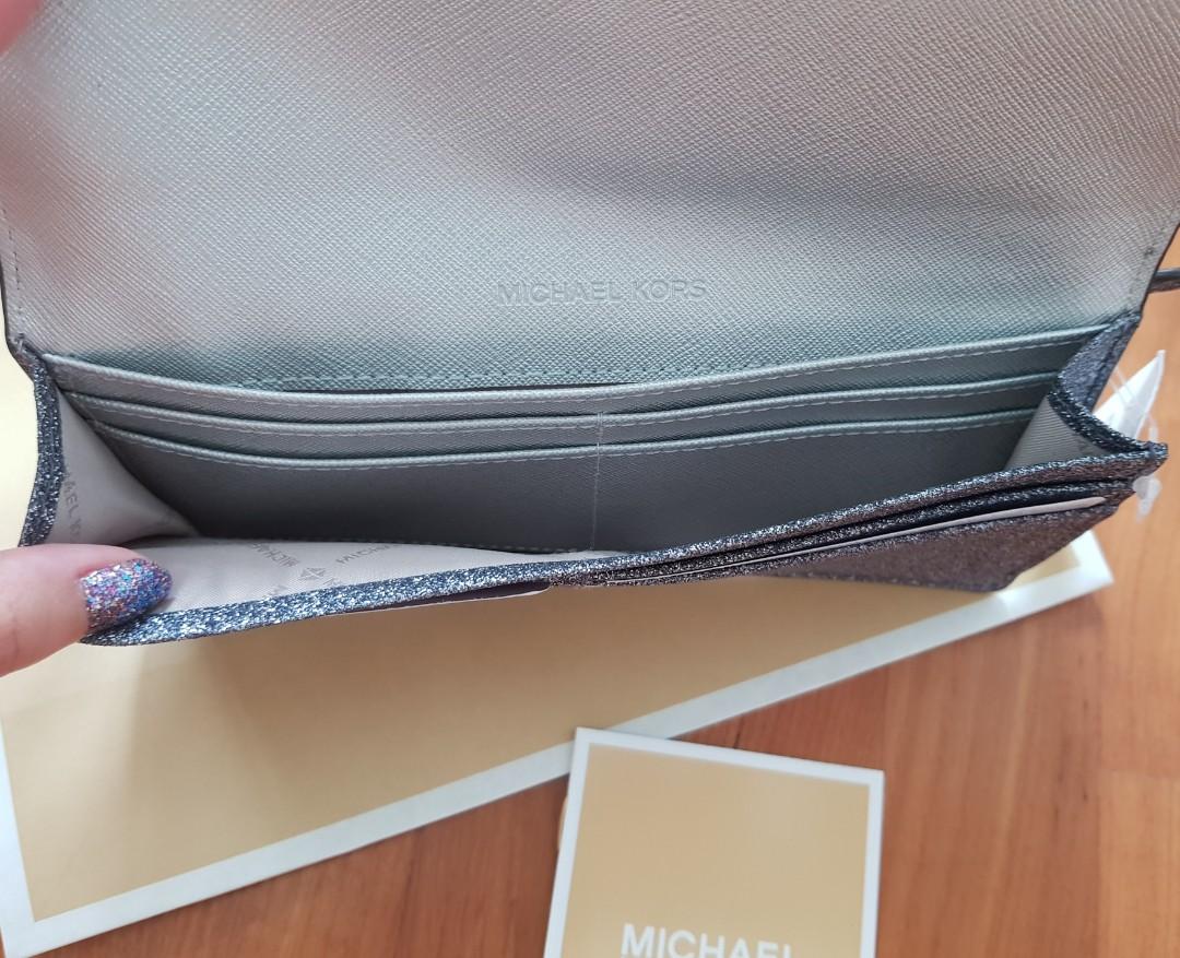 Michael Kors Glitter Giftables Flat Leather Wallet Dusty Blue Color