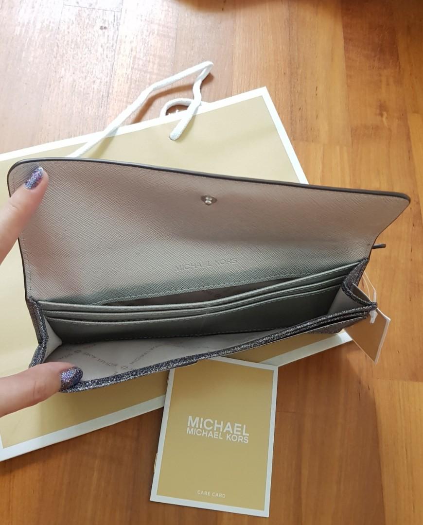 Michael Kors Glitter Giftables Flat Leather Wallet Dusty Blue Color