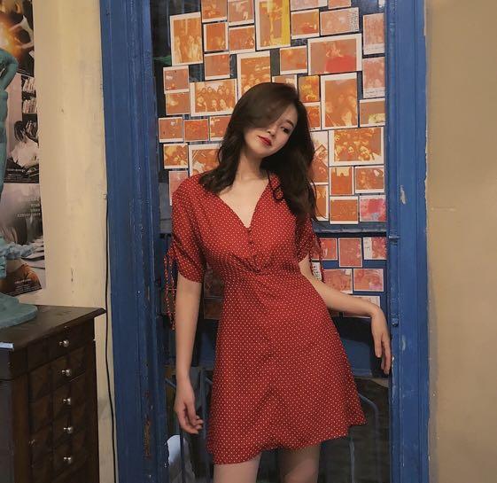 Red polka dot button down dress hotsell