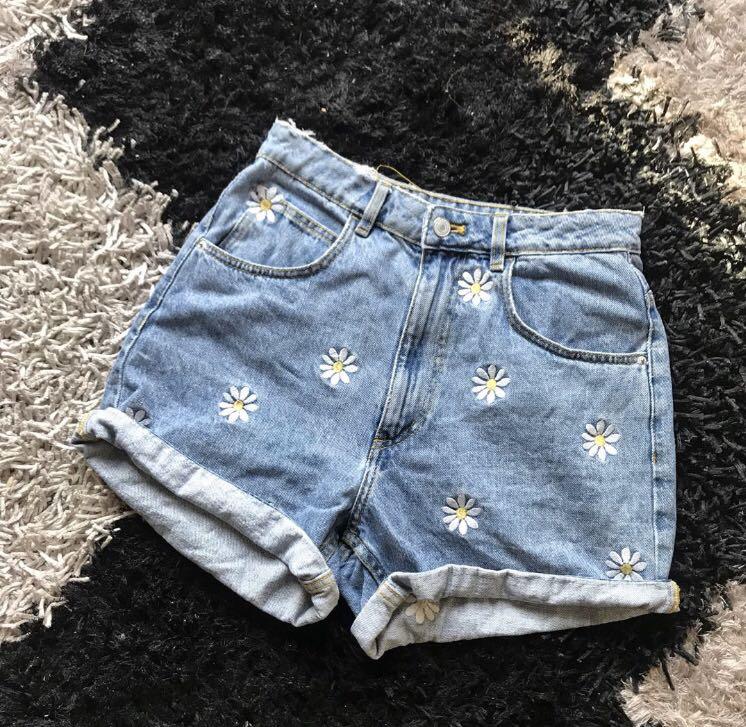 flower embroidered jean shorts