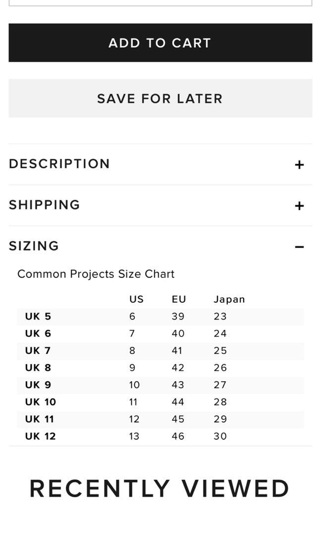 Common Projects Size Chart Uk