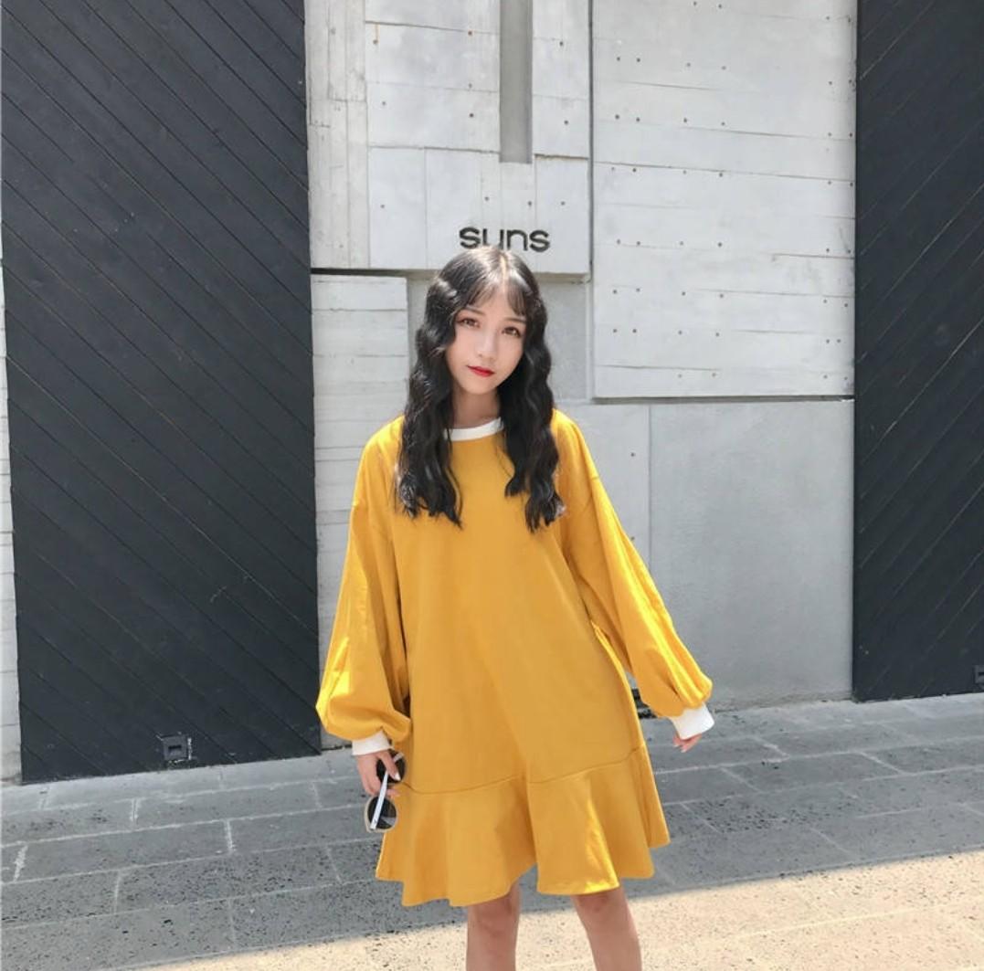 Korean fishtail bubble sleeve dress korea style fashion 2019 uzzlang autumn college wind student fish tail skirt lotus leaf lantern puff long sleeve