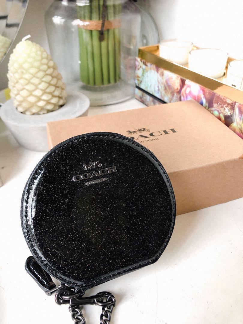 NWT COACH F30253 Black Glittery sparkle Leather Round Coin Case Space Starry