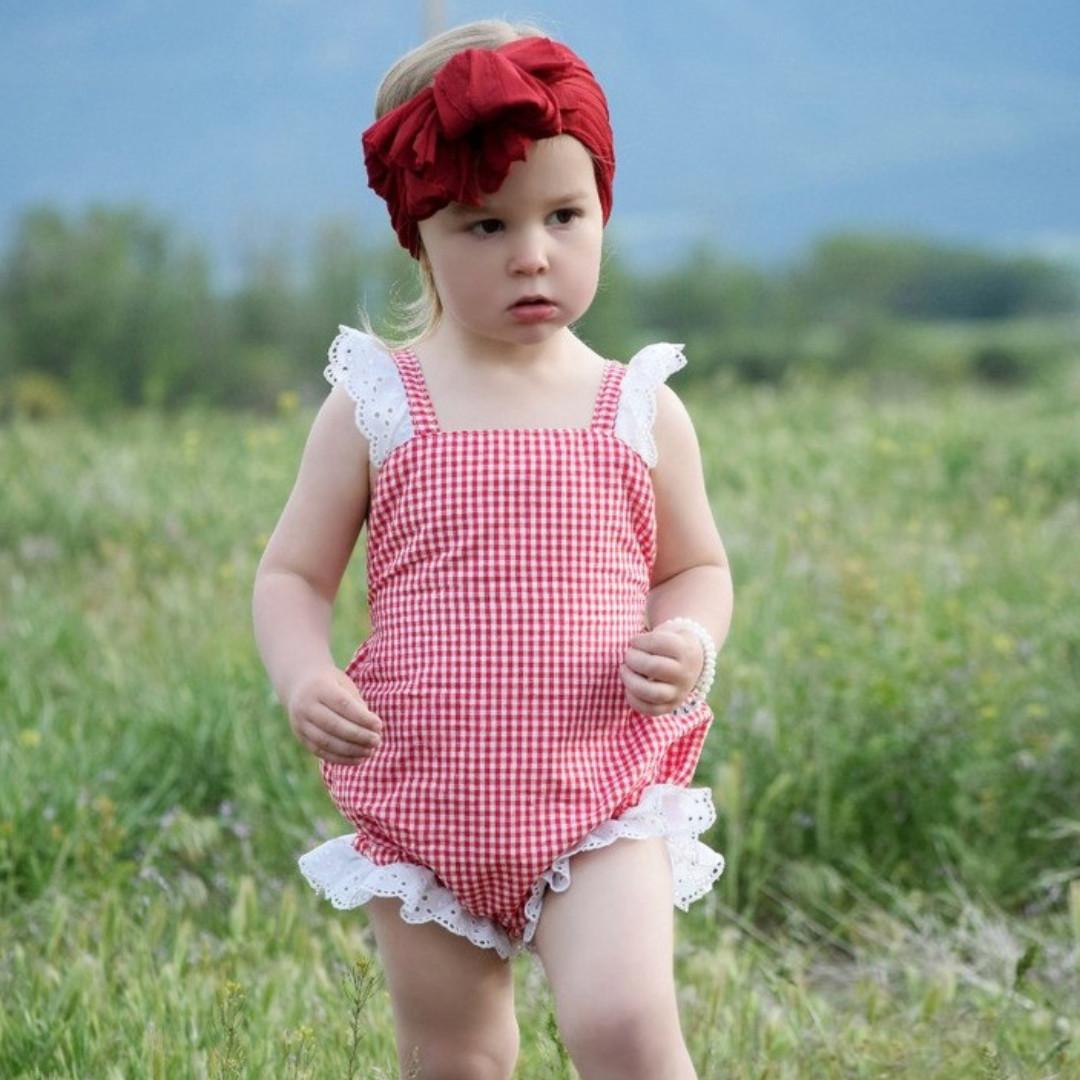 red gingham romper baby