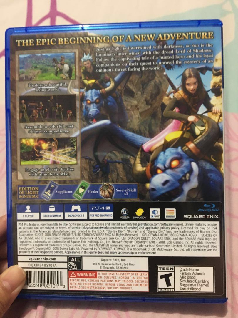 PS4 Dragon Quest XI Edition of Light (rALL/Unused Code) (Category: PlayStation) located in Muntinlupa City. Submitted by chinggg2 (Listing ID 213207070, Image 2). Description: Dragon Quest XI Edition of Light (rALL/Unused Code) Very good used condition. Purchase 3 games and get Php 200.00 off Other shipping options allowed at buyer’s discretion. Buyer to arrange shipping. .