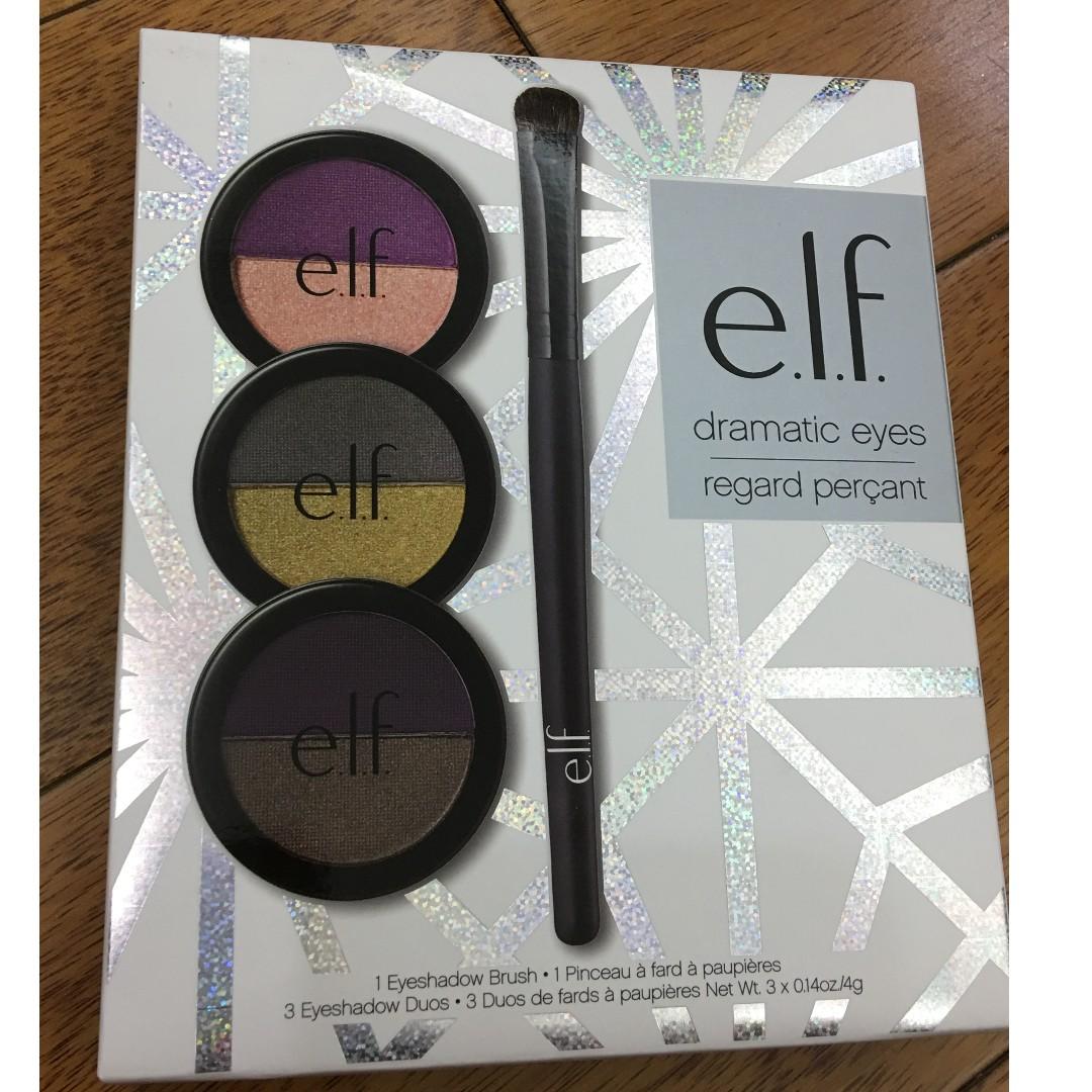 Elf cosmetics eyeshadow and brush set (Category: Makeup) located in Makati City. Submitted by mighty.simpletrading (Listing ID 213208150, Image 1). Description: Location: makati city Brand: elf cosmetics Model: dramatic eyes Contents: 3x eye shadow duos and 1x eyeshadow brush Condition: brandnew and sealed .