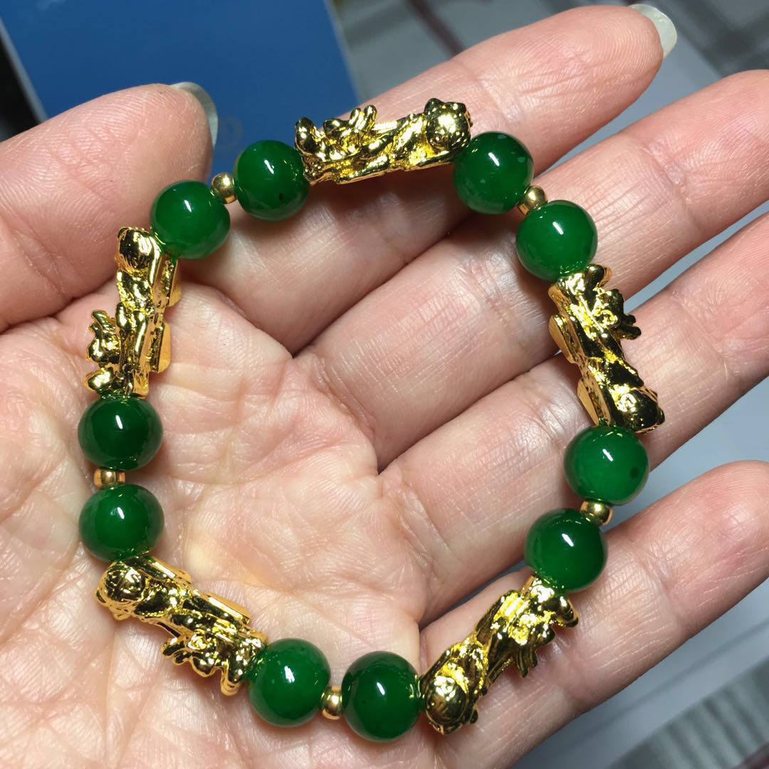 Green Agate With 14K Gold Plated Pixiu Bracelet 8mm