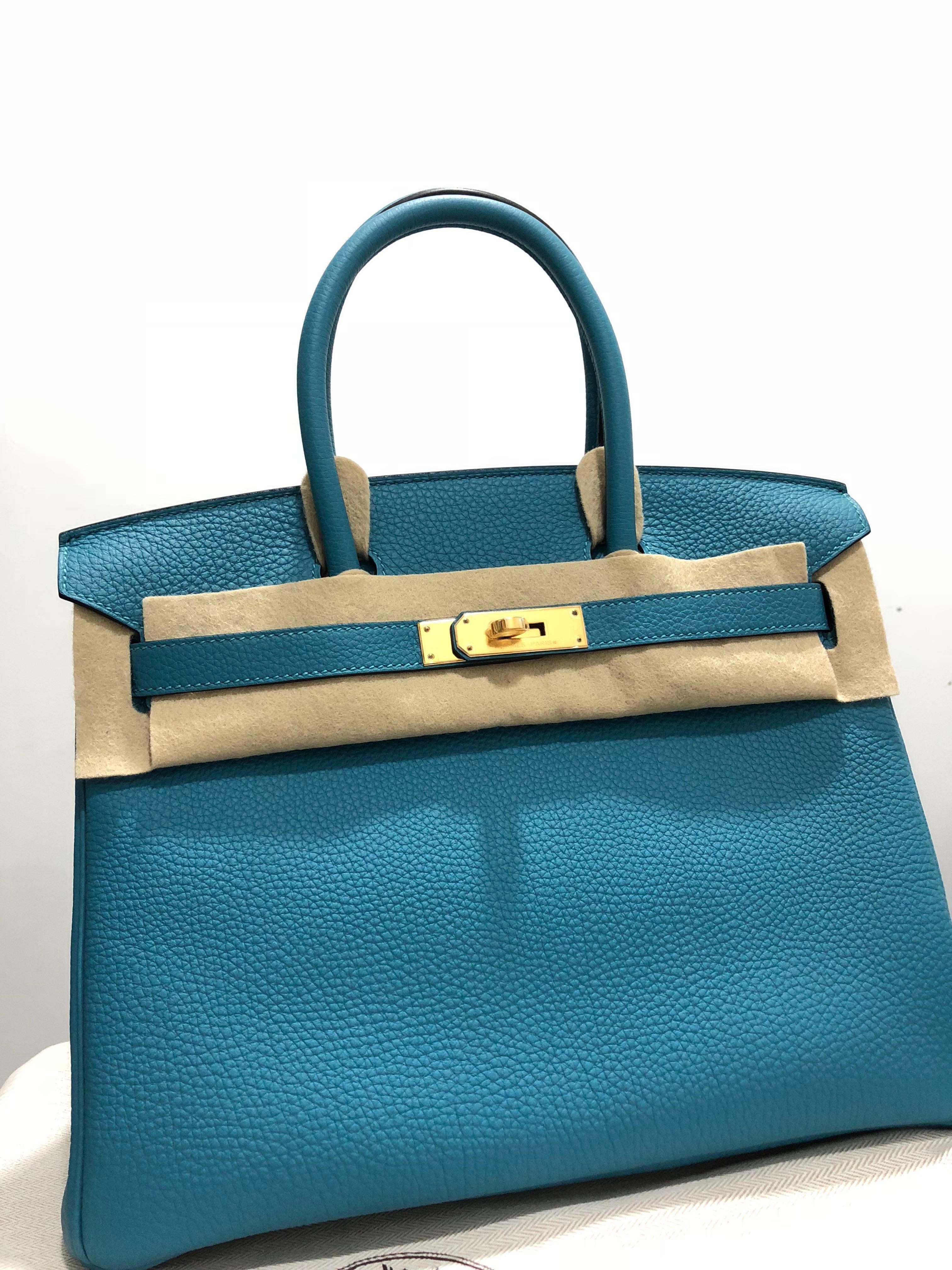 Hermes Birkin 30 Turquoise Togo Gold Hardware Stamp x