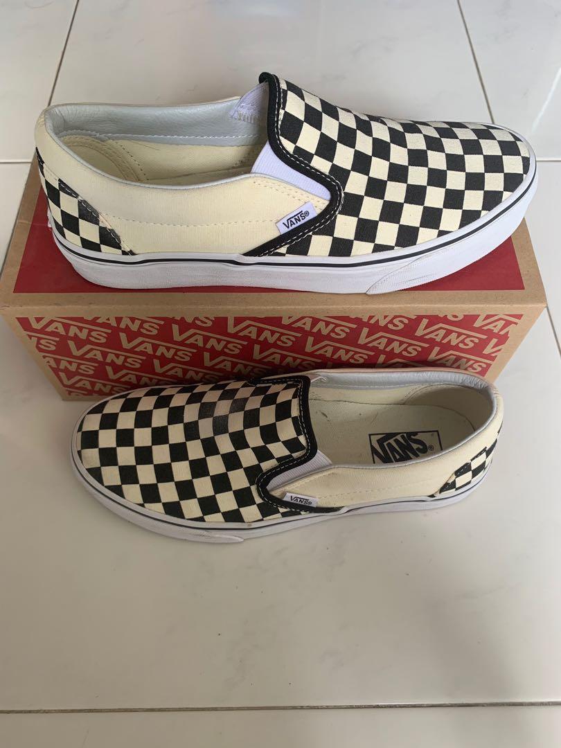 burgundy checkered slip on vans