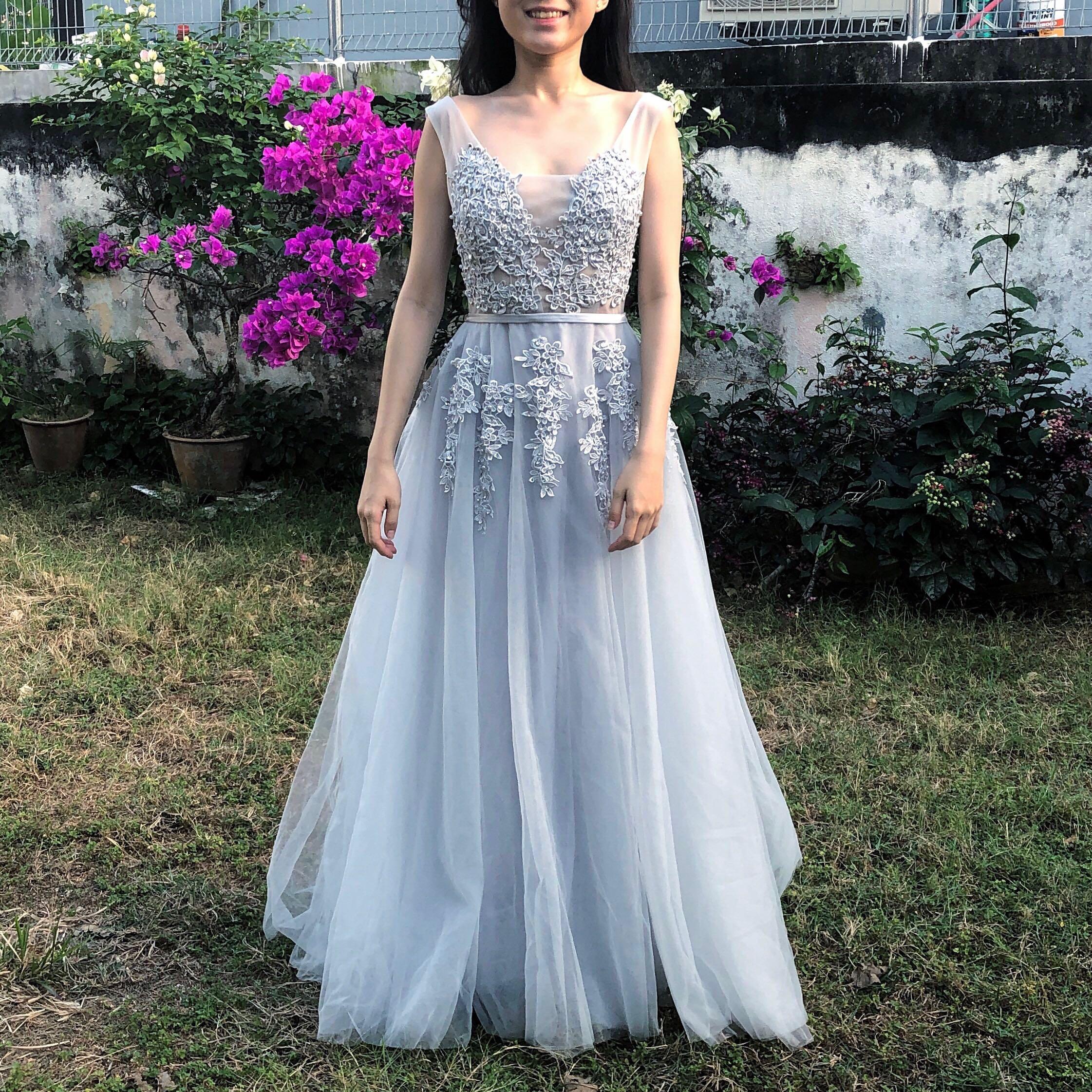 Grey silver deals evening gowns