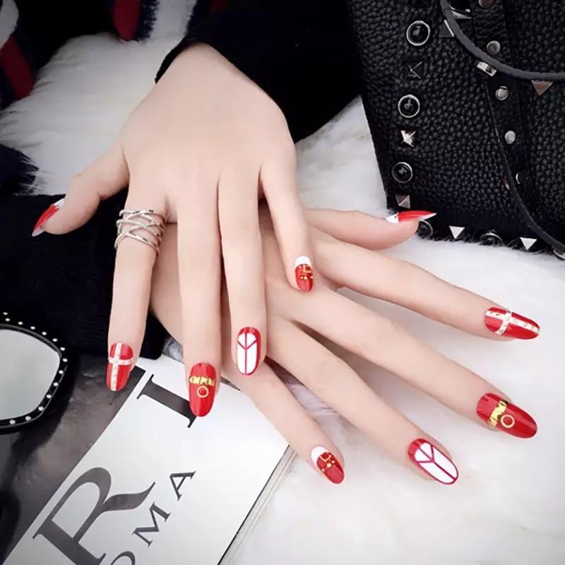 Almond Long Size Fake Nails Bride Wear Diy Nail Art Fashion Round Head Press On Nails 24 Pcs Tips Red Fake Nails With Glue Health Beauty Hand Foot Care On