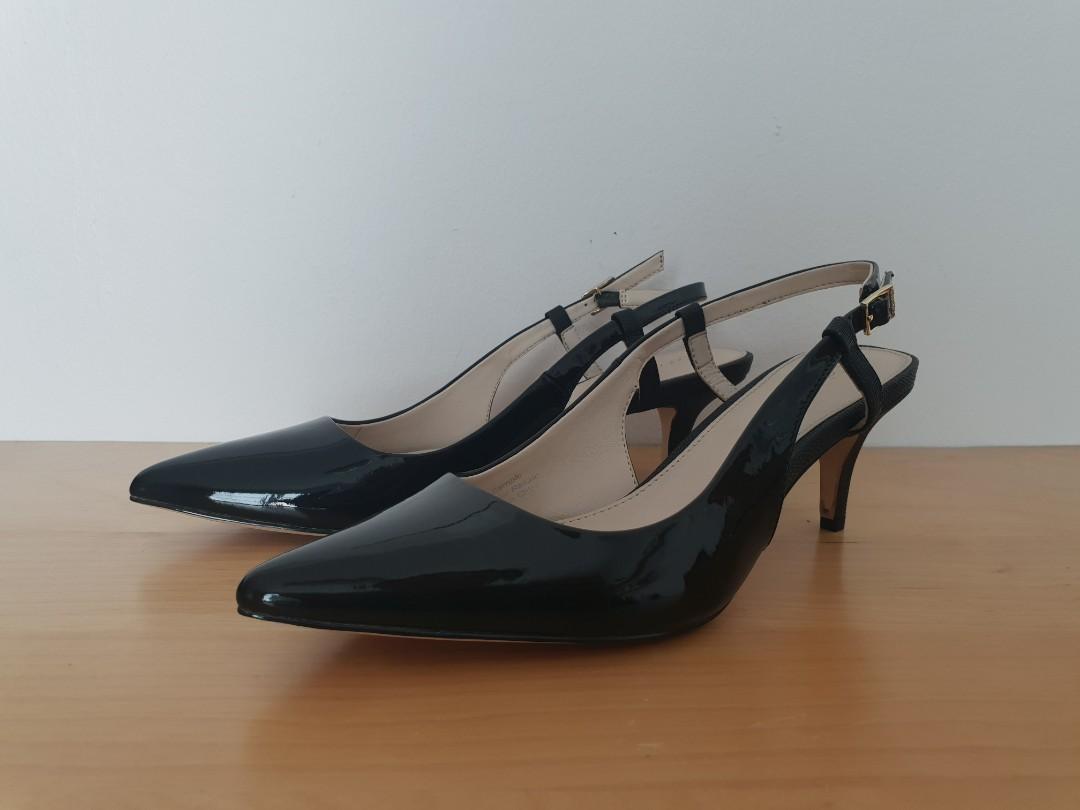black patent slingback heels