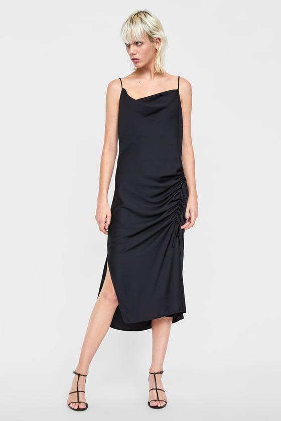 Zara Ruched Satin Dress in Black, Women 