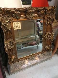 32” x 36 1/2” Black Gold Frame Mirror Antique Vintage Style Ornate carved wood