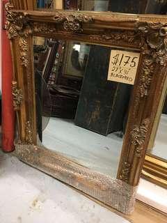 27” x 31” Black Red Gold Frame Mirror Antique Vintage Style Ornate carved wood