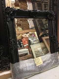 27” x 31” Black Gold Frame Mirror Antique Vintage Style Ornate carved wood 