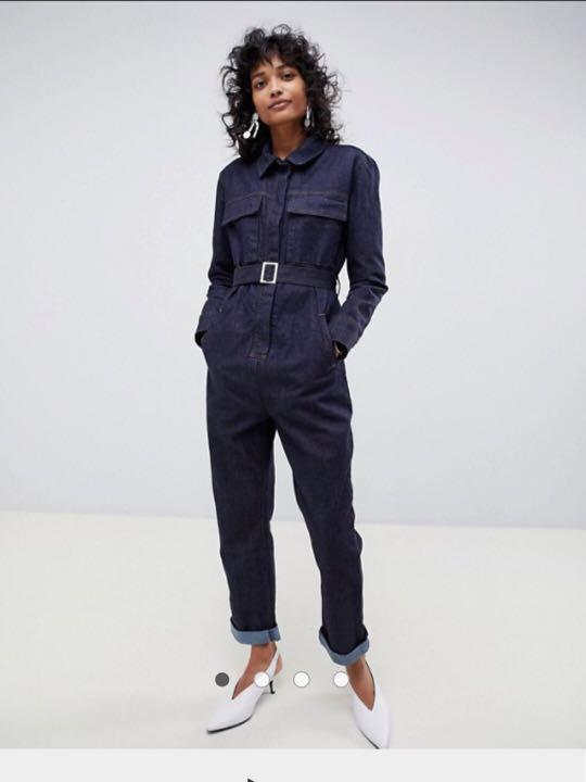 white denim utility jumpsuit