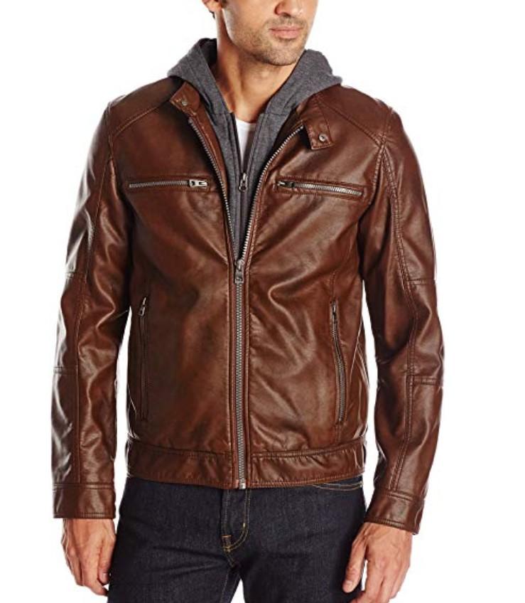 Mens faux leather jacket with hood top