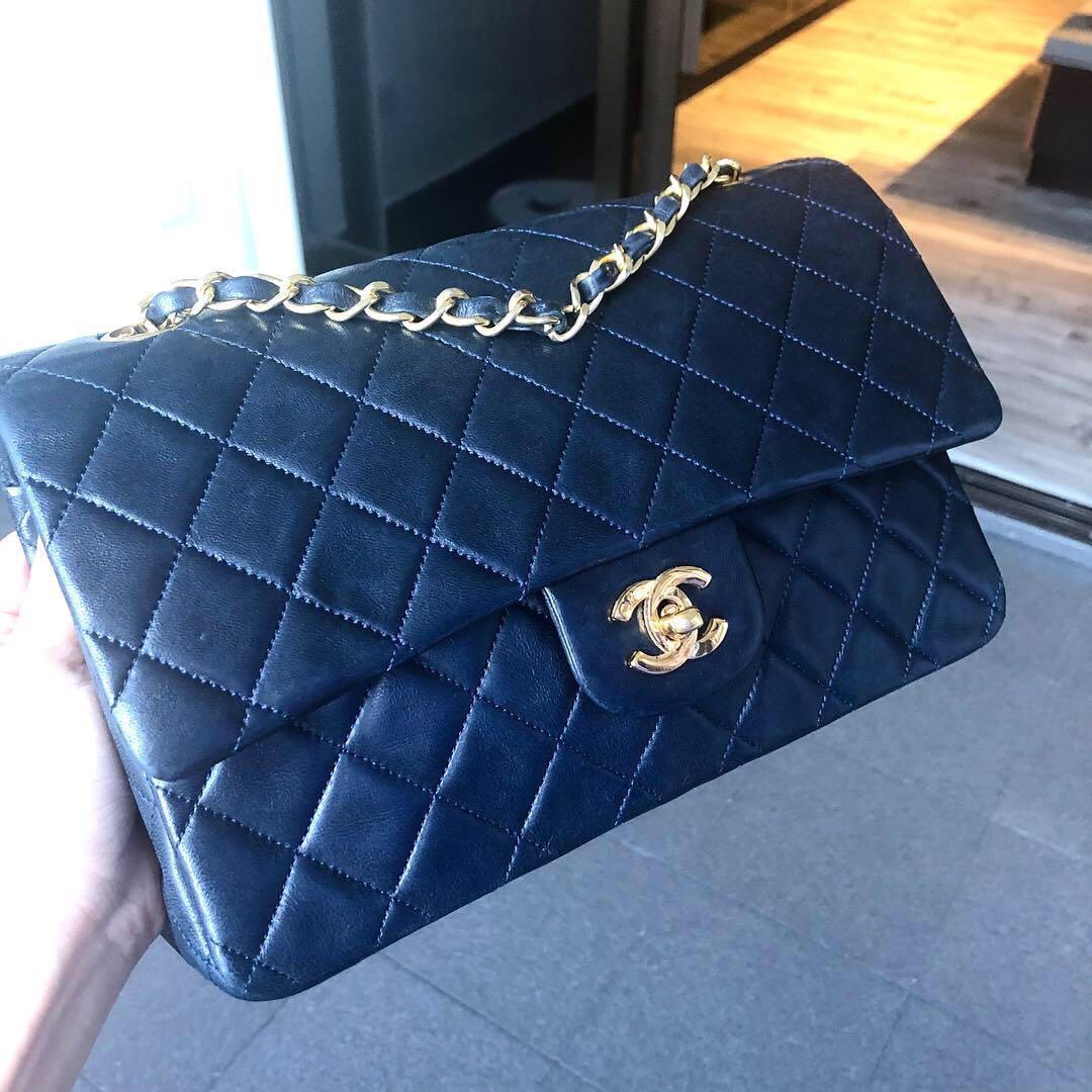RESERVED Authentic Chanel Navy Blue Classic Flap Bag w 24k Gold
