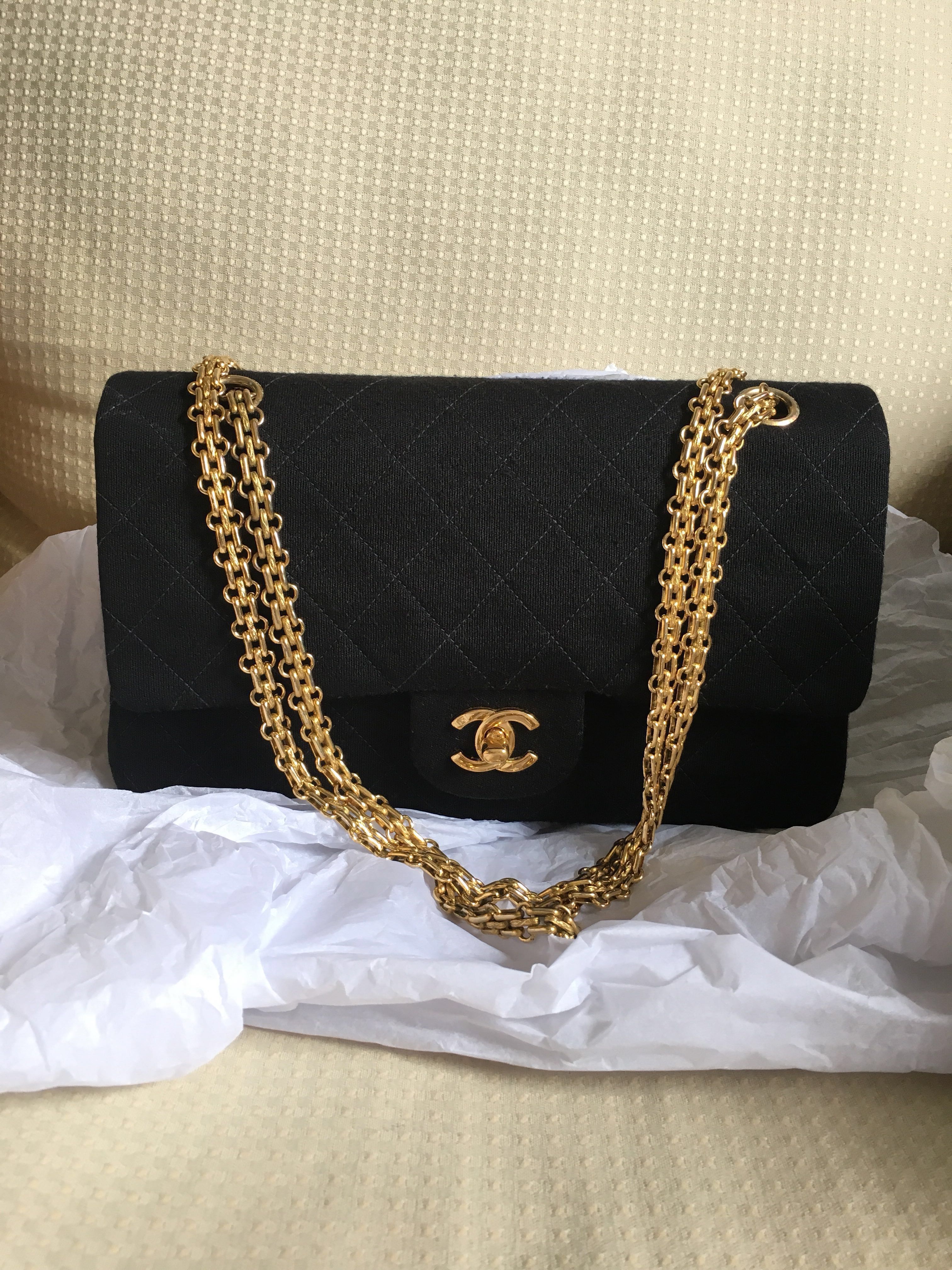 Chanel classic medium jersey flap bag, Luxury, Bags & Wallets on Carousell