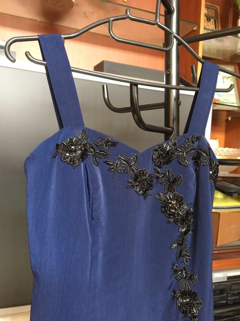 Navy Blue Embellished Dress, Fesyen 
