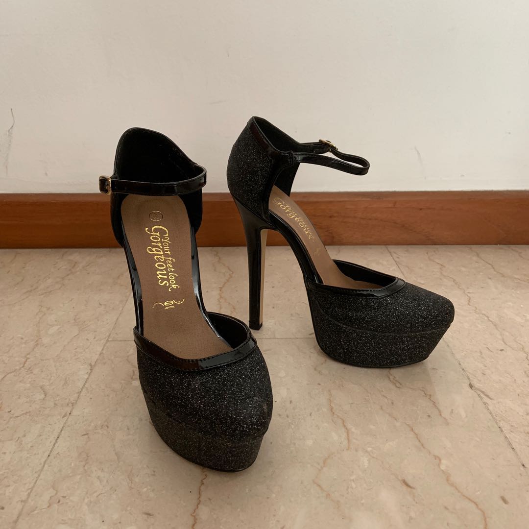 black glitter strappy heels
