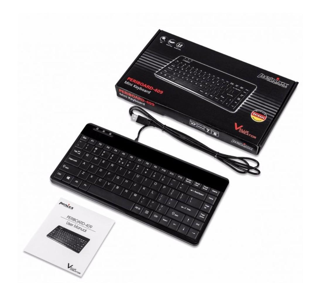 Perixx PERIBOARD-409P Mini Keyboard - PS2 Interface - 12.40x5.79x0.79 Inch  - Piano Finish Black - US English Layout