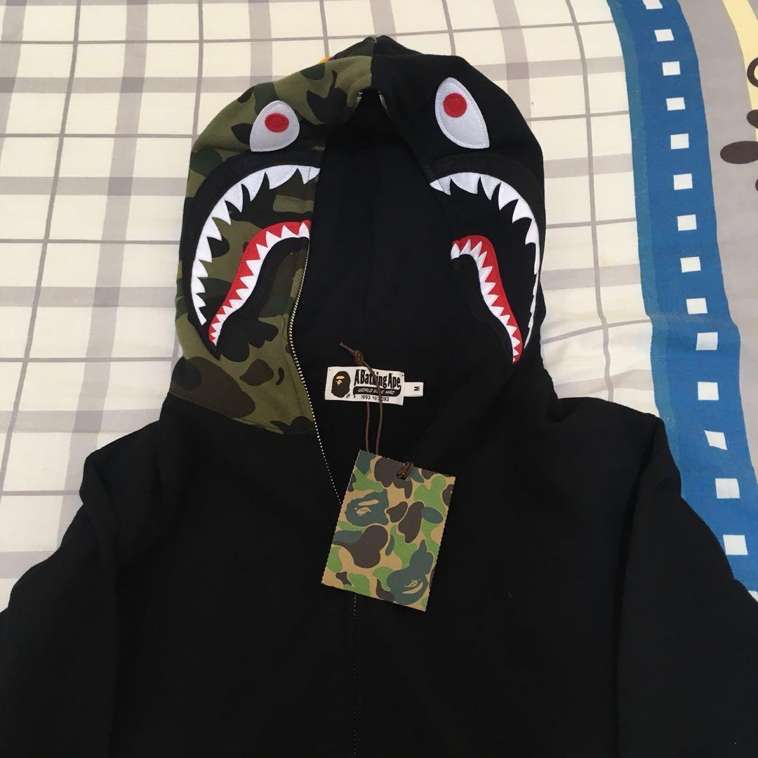 bape shark full zip hoodie camo hood black