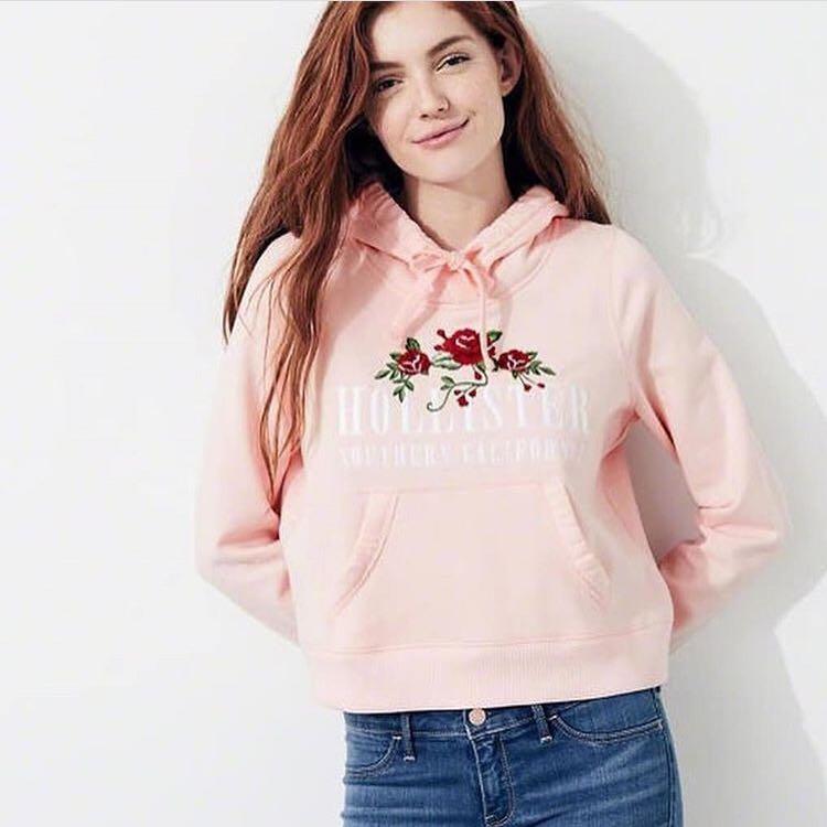 HOLLISTER PINK GIRLS EMBROIDERED GRAPHIC BOXY HOODIE