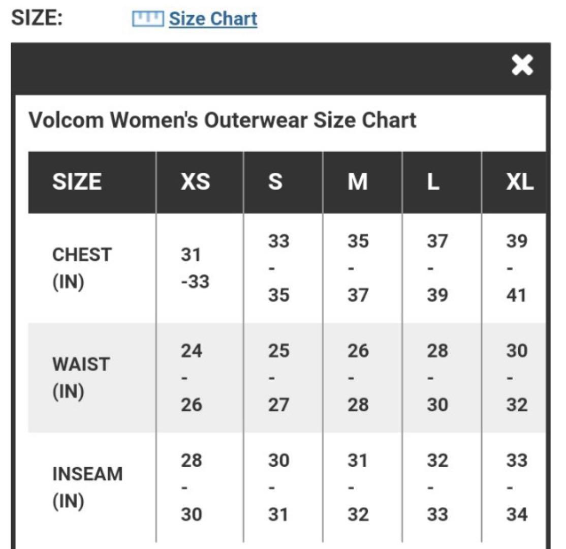 Volcom Womens Jacket Size Chart