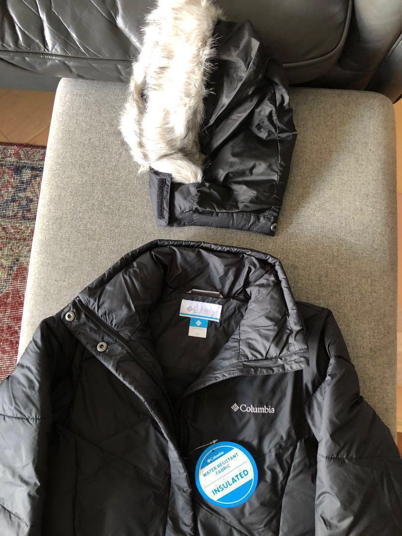 Columbia Snow Eclipse Mid Jacket Puffer Coat Faux Fur Hood Blue
