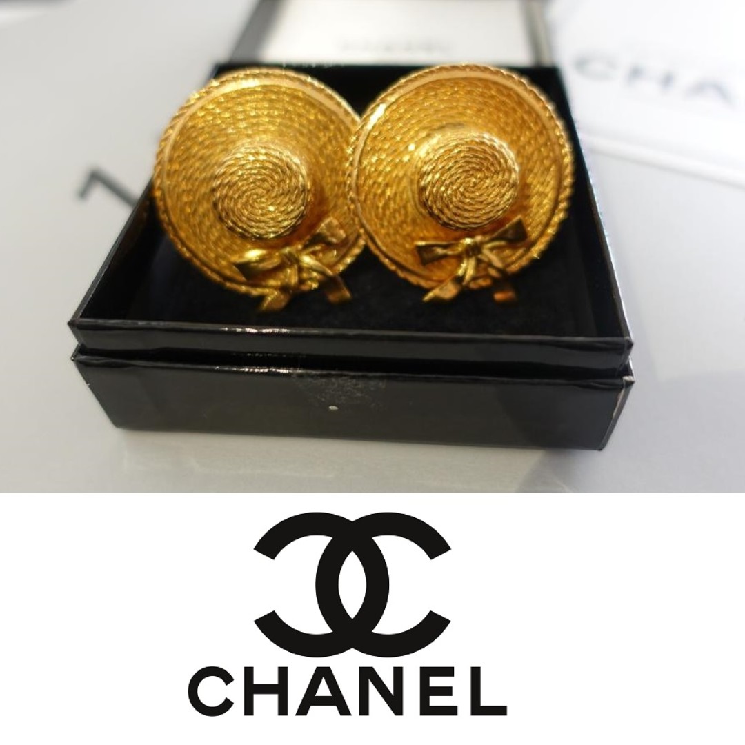 CHANEL VINTAGE STRAW HAT GOLD PLATED CLIPON EARRINGS, Luxury