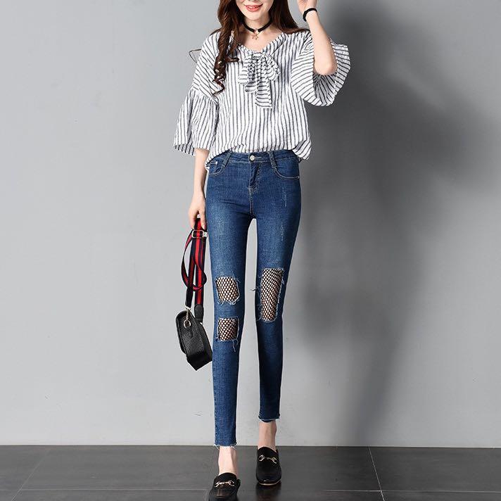 Cut Out Net Holes Korean Style Pockets Slim Denim Jeans Women S Fashion Clothes Pants Jeans Shorts On Carousell