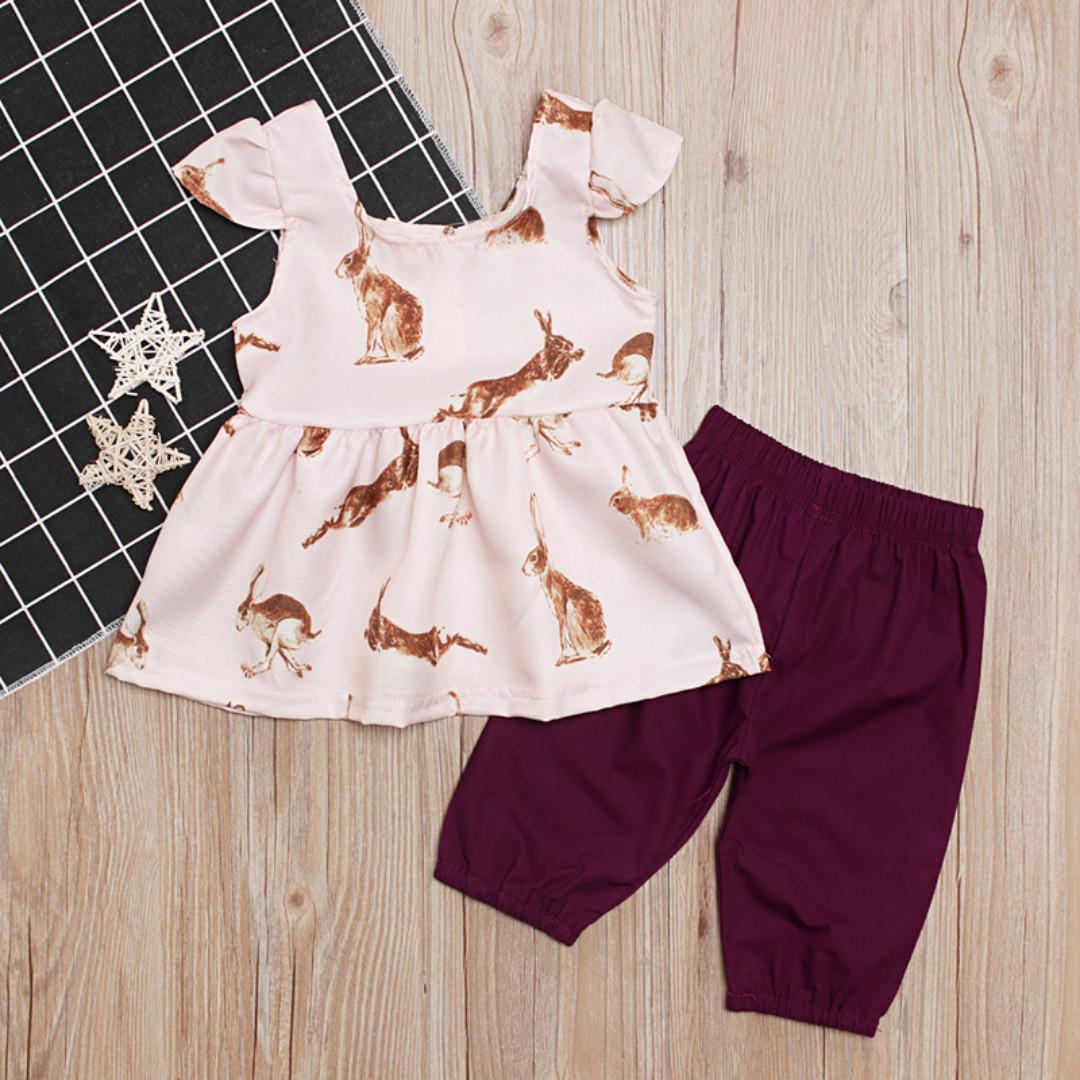 Stock 2pc Buttery Pink Brown Rabbit Bunny Hare Sleeves Top